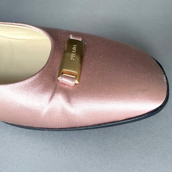 PRADA pink satin ballet flats w/ gold color buckle engraved with PRADA - Picture 7 of 14